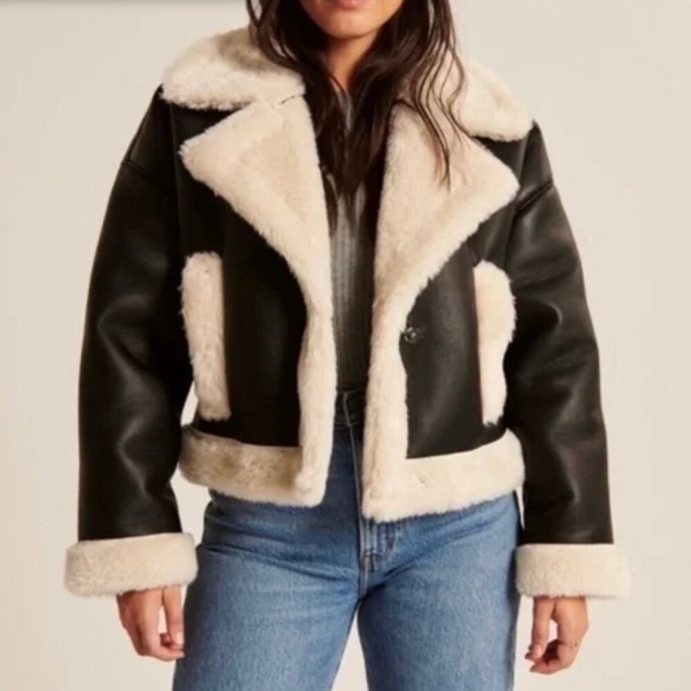 Abercrombie & Fitch Oversized Short Sherpa Lined Vegan Leather Coat